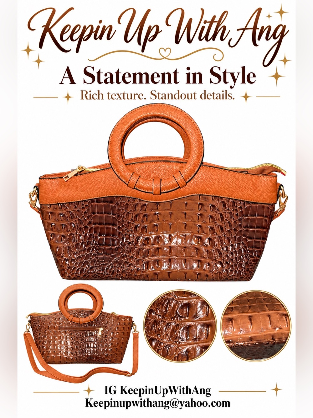 Croc-Embossed Circle-Handle Tote in Brown and Tan